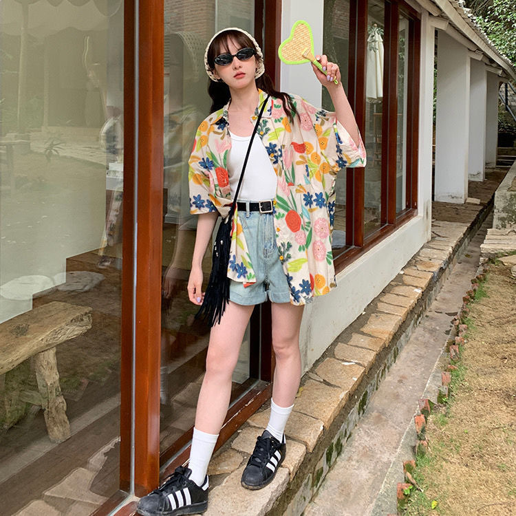 港风短袖花衬衫泰式夏威夷海边宽松衬衣随性慵懒垂感清凉夏上衣女|undefined