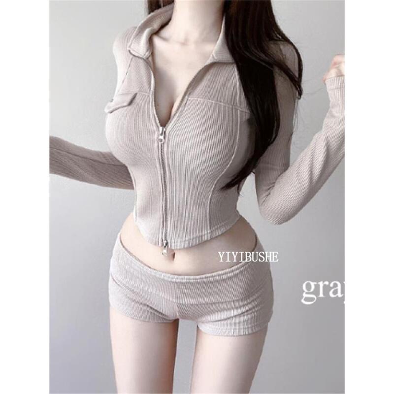 Po082 Hot Girl Style, Super Stylish Waist-Cinching Long-Sleeved Sweatshirt Jacket and Hip-Hugging Shorts Set