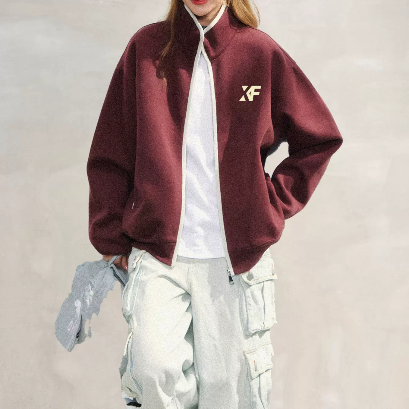 定制logo设计感小众撞色拼接立领休闲外套网红潮牌2025新款秋冬季