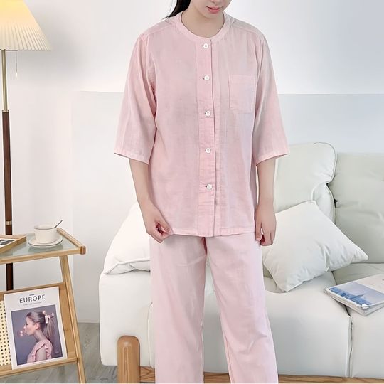 Japanese Banshu Weaving Women's Pure Cotton Pajamas with Breast Pads, Colorful Round Neck Double-Layer Gauze Spring and Summer Home Clothes