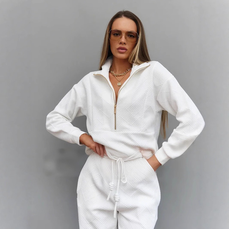 Amazon Cross-border Casual European and American Women's suit Solid Color Long-sleeved Zipper Loose Top Lace-up Pants Two-piece Set Amazon Cross-border Casual European and American Women's suit Solid Color Long-sleeved Zipper Loose Top Lace-up Pants Two-piece Set