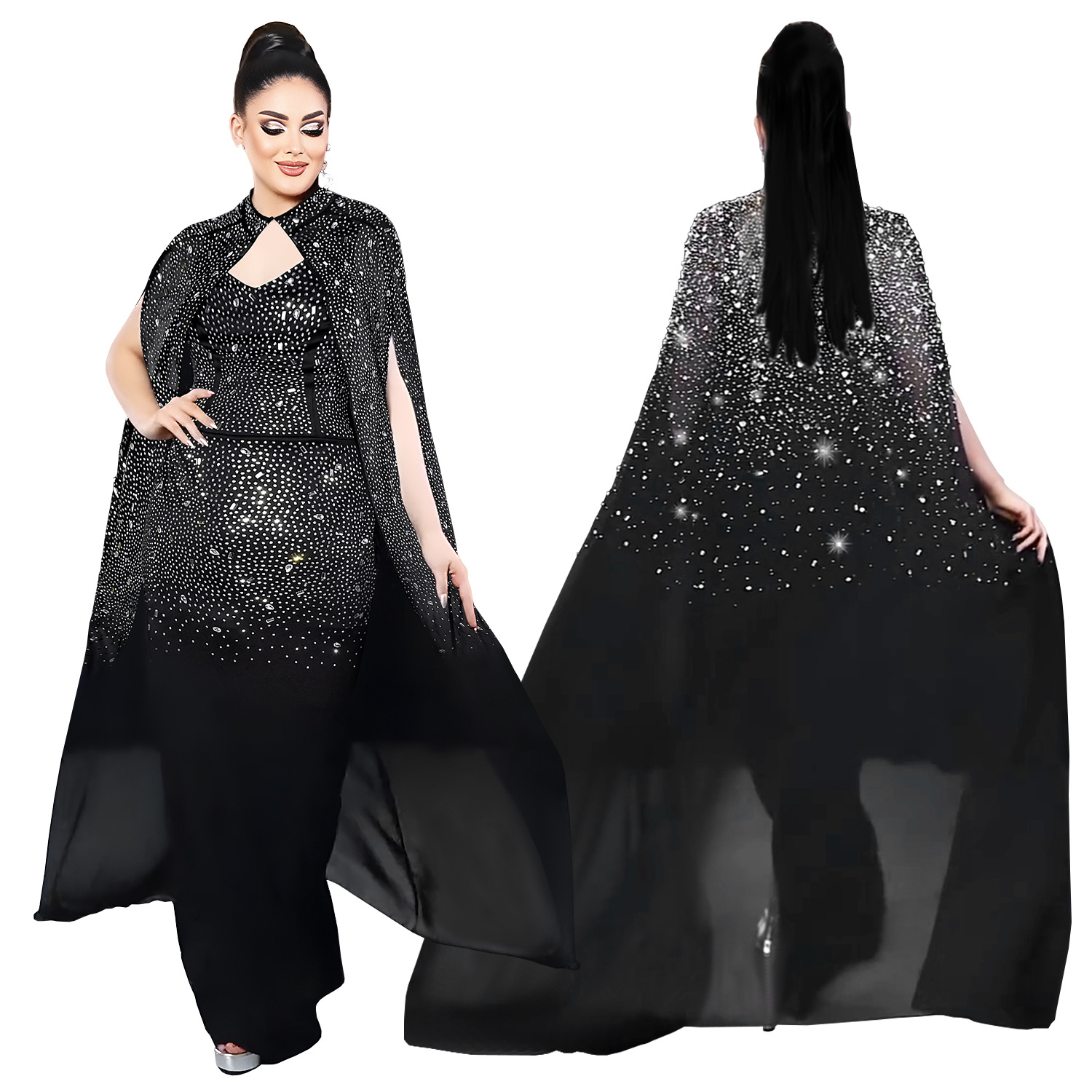 C7292 Transbordador AliExpress Amazon Moda europea y americana Vestido de chal transparente de cadera con bolso de diamantes calientes sexy para mujer image 6