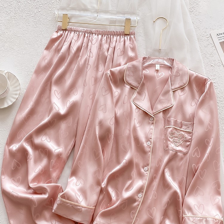 真丝睡衣女款春秋季长袖粉色心形桑蚕丝绸缎感家居服套装夏天|undefined