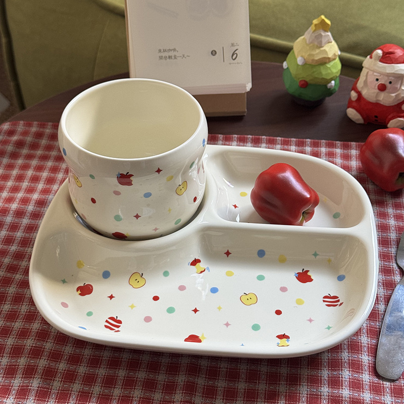 Copyright Apple Polka Dot Three-Compartment Plate Ceramic Single-Serving Breakfast Plate Home Use 211 Fat-Reducing Children's Tableware