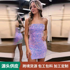 亚马逊跨境亮片短款晚礼服2026新款修身包臀开叉高级感宴会连衣裙