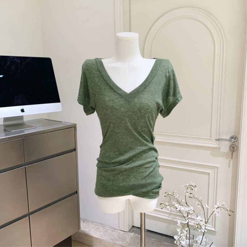 Lazy Style "Relaxed Feel" Moss Green Batwing Sleeve V-Neck Slimming Short Sleeve Slightly Sheer Thin T-Shirt for Women