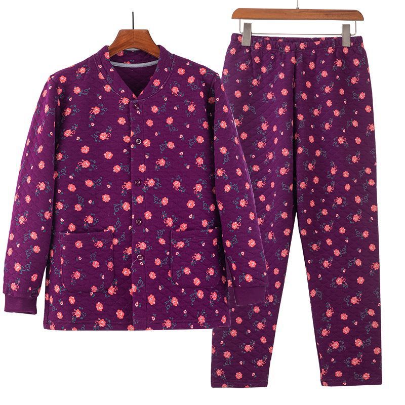 중노인용 여성용 3겹 누비 보온 속옷 세트, 두꺼운 면, 어머니용 가디건, 노인용 가정복