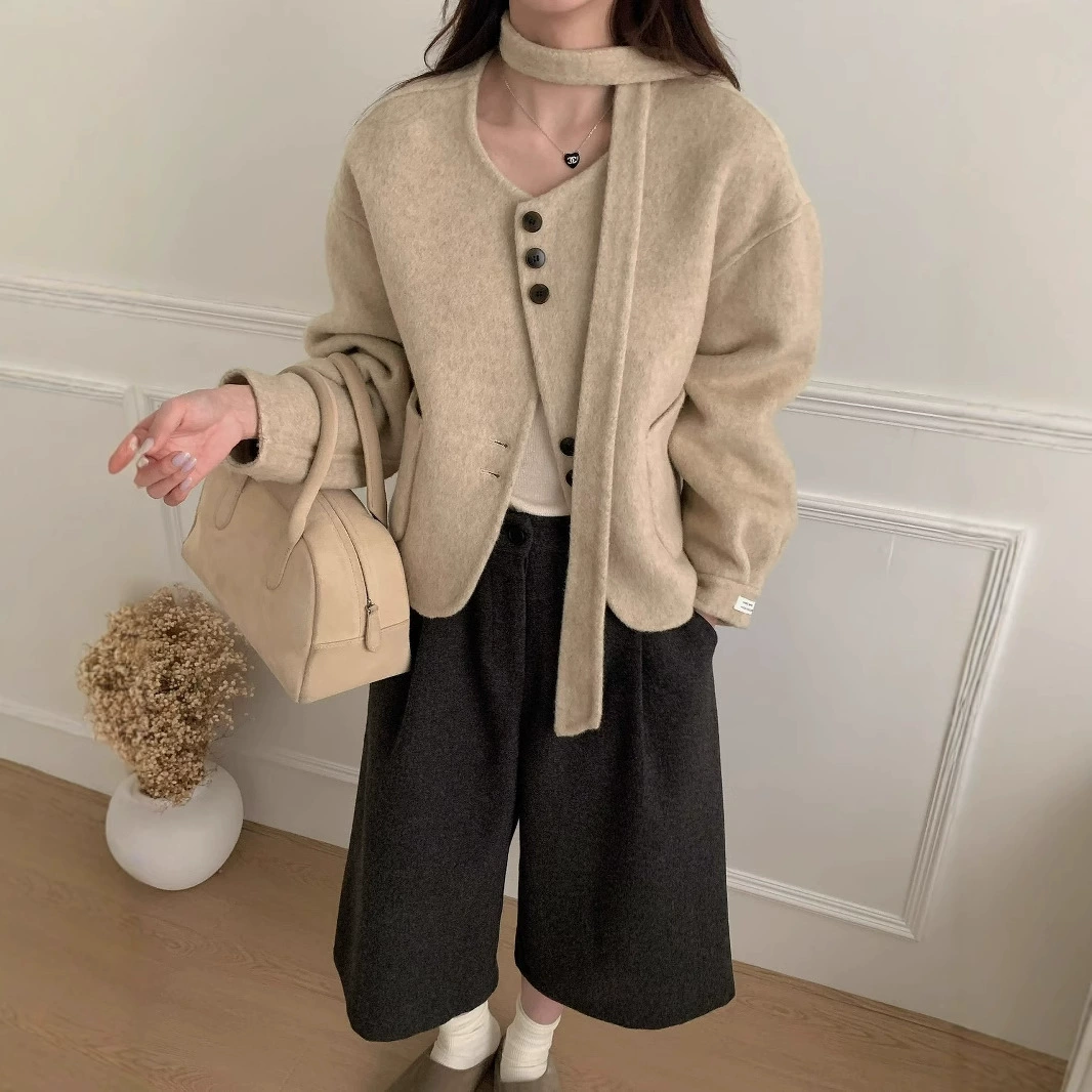 2024 осень и зима новые двухсторонние шерстяные пальто корейская мода V-образный вырез дизайн