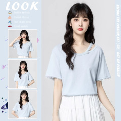 ライトブルー中空半袖 Tシャツ女性のための夏 2025 新しいスタイルレースルーズ Tシャツデザイントップ