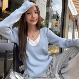 螺纹绒250克 假两件拼接长袖针织衫女春季设计感小众修身显瘦上衣