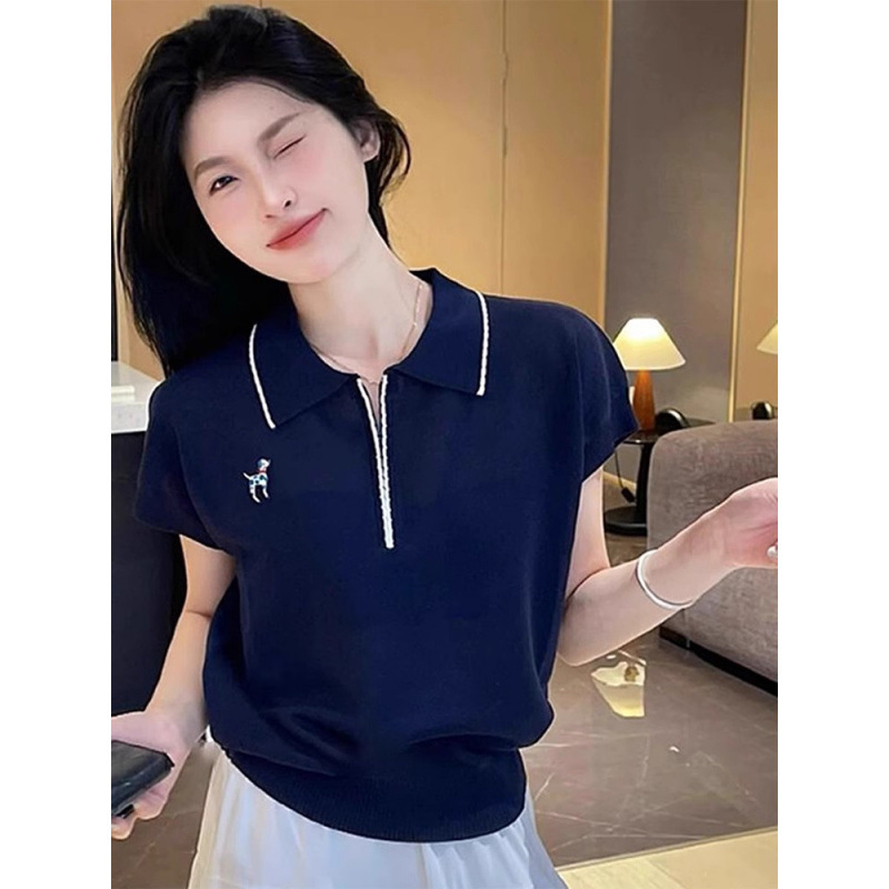 Ys Old Money Style Polo Collar Half-Zip Regular Shoulder Short Sleeve T-Shirt for Women, Summer Ice Silk Knit Top with Small Flutter Sleeves