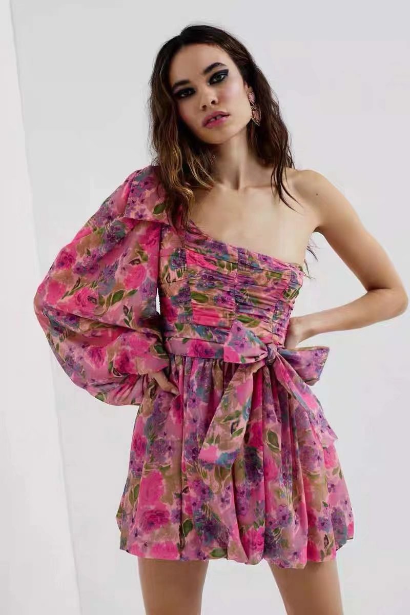 spring floral print single-shoulder long-sleeved chiffon short dress NSAM123243