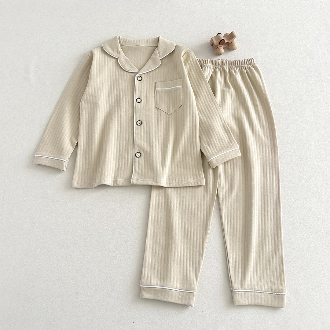 Pijamas de otoño y invierno para niños 40 algodón antibacteriano peinado cardigan de manga larga con collar conjunto de ropa de hogar para hombres y mujeres