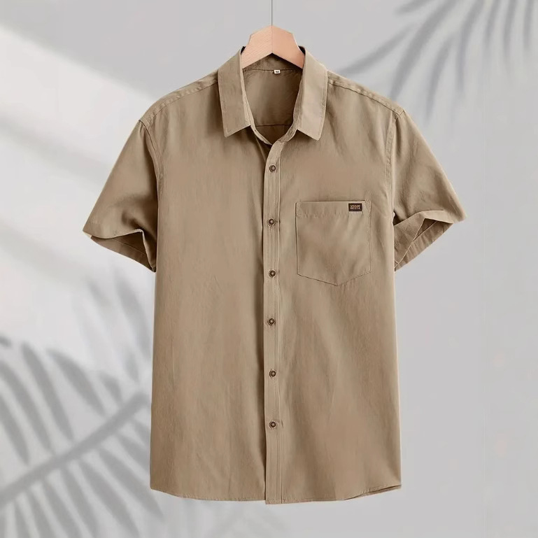 2025 Cross-border Amazon New Men's Short-sleeved Shirt American Heavy Short-sleeved Lapel Pocket Casual Cotton Shirt