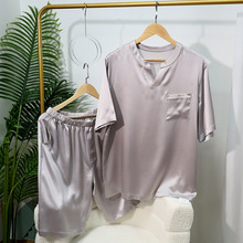 男士圆领重磅真丝睡衣套装夏套头短袖裤可外穿桑蚕丝家居服高级感