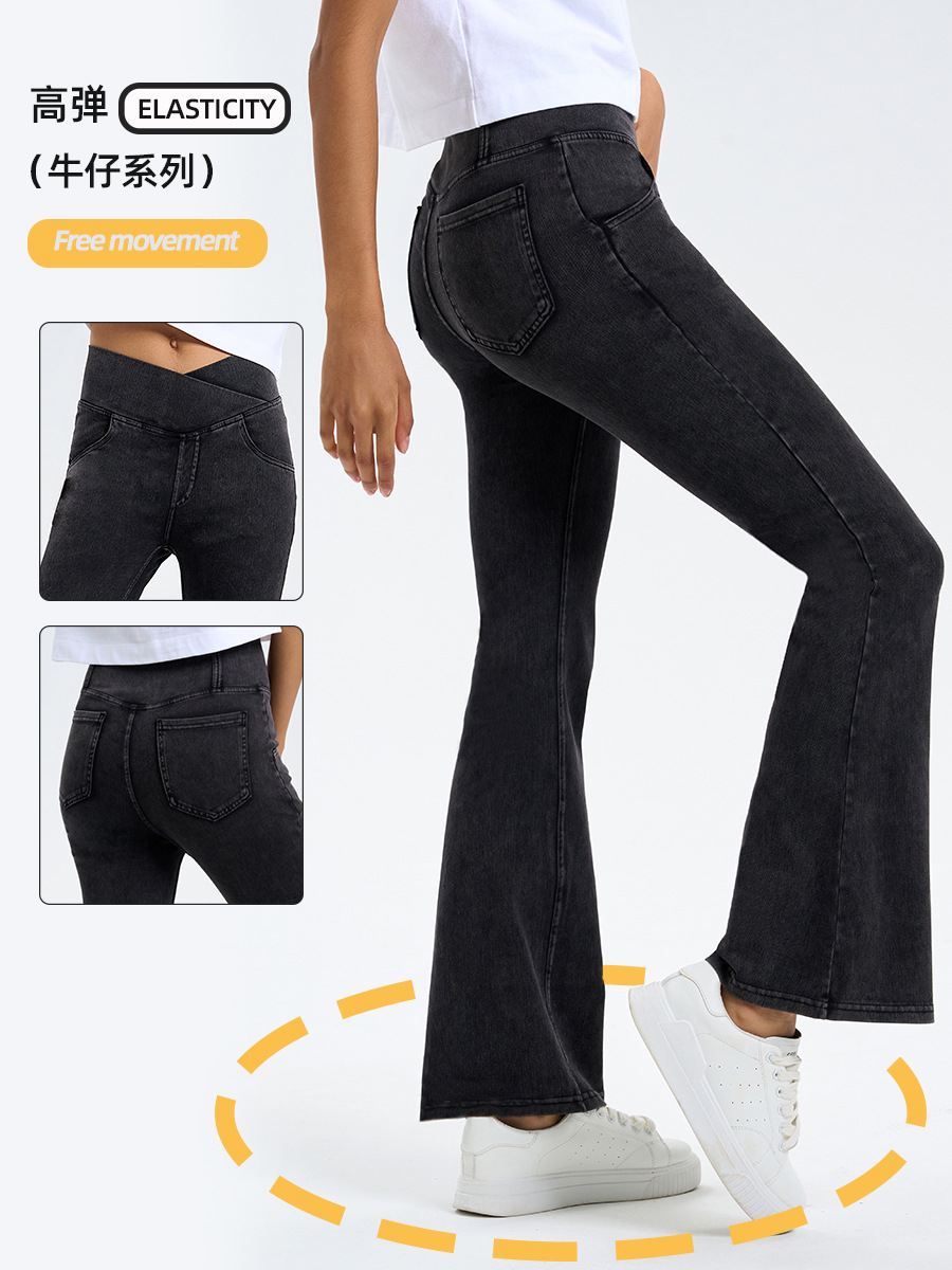 Nuevos jeans cruzados de otoño e invierno para mujer, pantalones acampanados deportivos de yoga y fitness con doble bolsillo y efecto levanta glúteos de alta elasticidad.