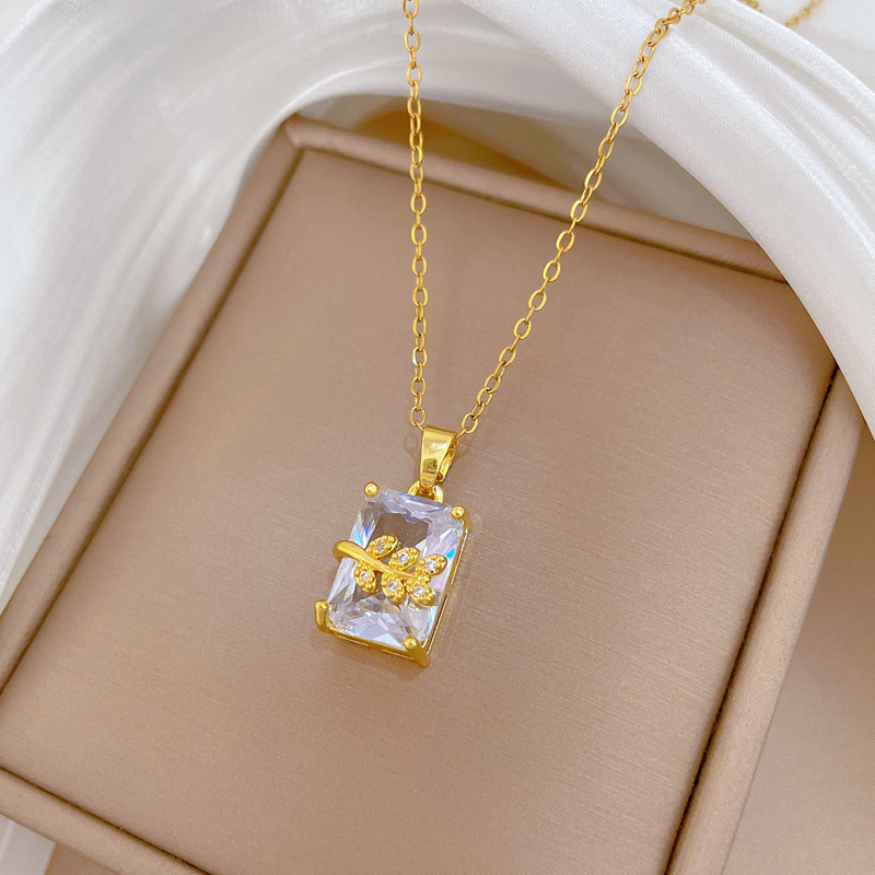 Foglie rettangolari, lusso leggero, splendida collana interamente tempestata di diamanti, catena versatile per clavicola da donna, catena in acciaio al titanio_voghion.com