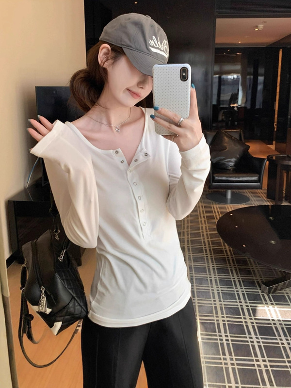 韩系慵懒风白色T恤女秋冬季新款休闲修身显瘦内搭打底衫长袖上衣|undefined