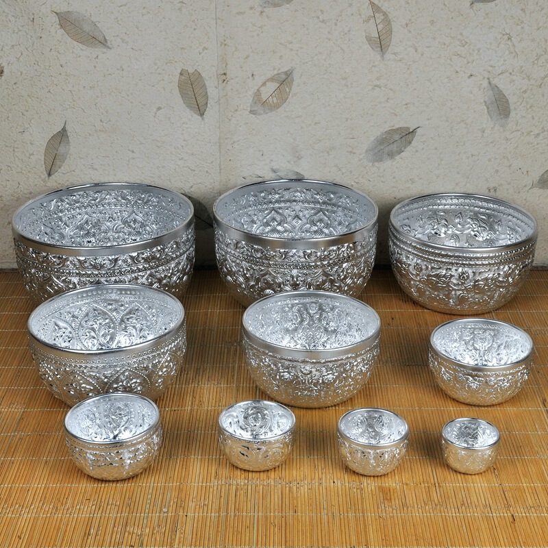Thai Restaurant Hotel Meal Bowl Cold Drink Container Home Kitchen Utensils Thai Crafts Tin Metal Carved Bowl