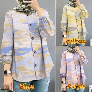 Spot Cross-Border Amazon Middle Eastern Malay 2025 New Women's Muslim Floral Shirt Fashionable Puff Sleeves