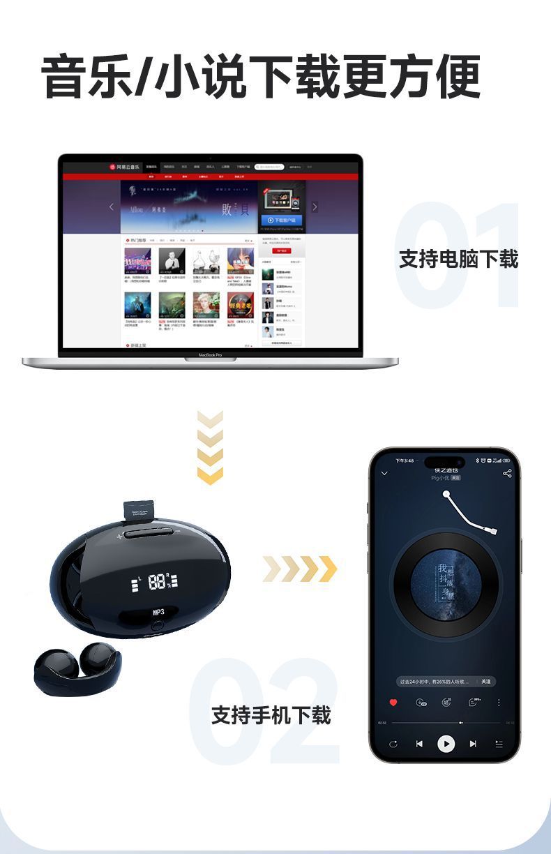 2025 New Plug-In Card Mp3 Bluetooth Headset Ear Clip Type Sports Running Music Super Long Battery Life and No Pain When Worn for a Long Time