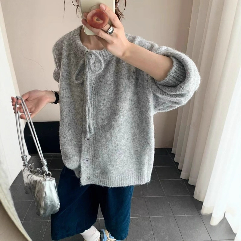 韩系甜美减龄软糯圆领针织开衫女秋冬新款宽松慵懒风系带毛衣外套|undefined