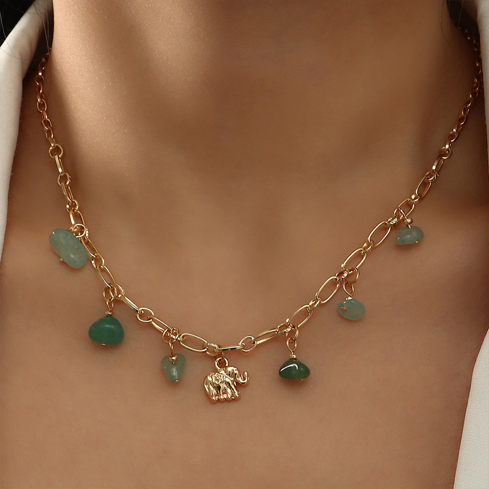 Elegant Fashion Geometric Elephant Alloy Natural Stone Necklace