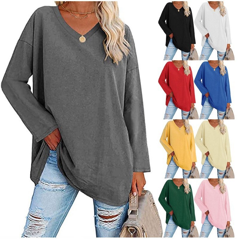 European and American oversized women's T-shirt Amazon foreign trade new multi-color loose off-shoulder sleeve V-neck solid color women's top