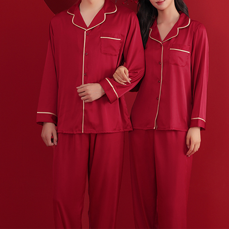Pajamas de pareja para la boda de primavera y otoño helado seda roja para hombres y mujeres set de boda de seda MC0001