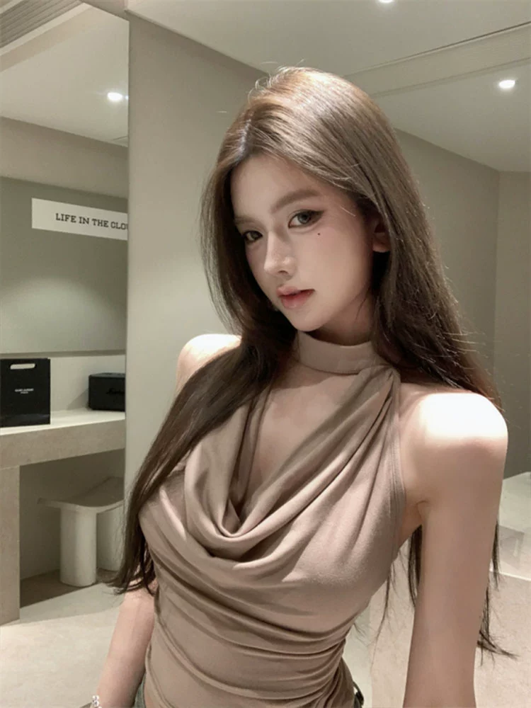 Хаки, горячая девушка, с воротником-стойкой, женская летняя верхняя одежда, новый высококачественный и красивый топ без рукавов с открытой спиной