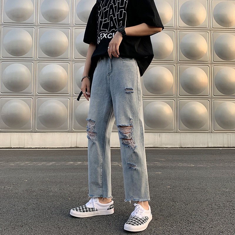 레트로 찢어진 루즈 청바지 남성용 루즈 스트레이트 와이드 레그 2024 여름 프라이드 스트리트 디자인 킵 거지 바지
