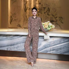 2025年新款夏季女装欧美套装长袖衬衫搭条纹阔腿裤休闲时尚两件套