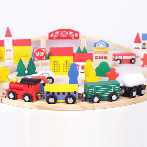 Weiwihu Wooden Train Track Set Baby Kidsren's Play House Thomas Train Track Solid Wood Educational Toys