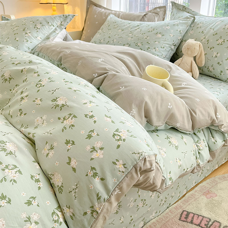 Juego de cuatro piezas de algodón fresco, juego de tres piezas de algodón, funda de edredón gruesa para el hogar, sábana de dormitorio, lijado, cama individual para estudiantes