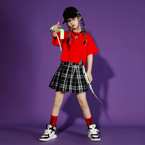 Children's street dance trendy outfit stylish girl crop top hip-hop jazz dance performance set summer girl short sleeve dress fashion