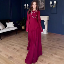 亚马逊欧美跨境2025年春季新款优雅高贵气质长袖长裙修身连衣裙女