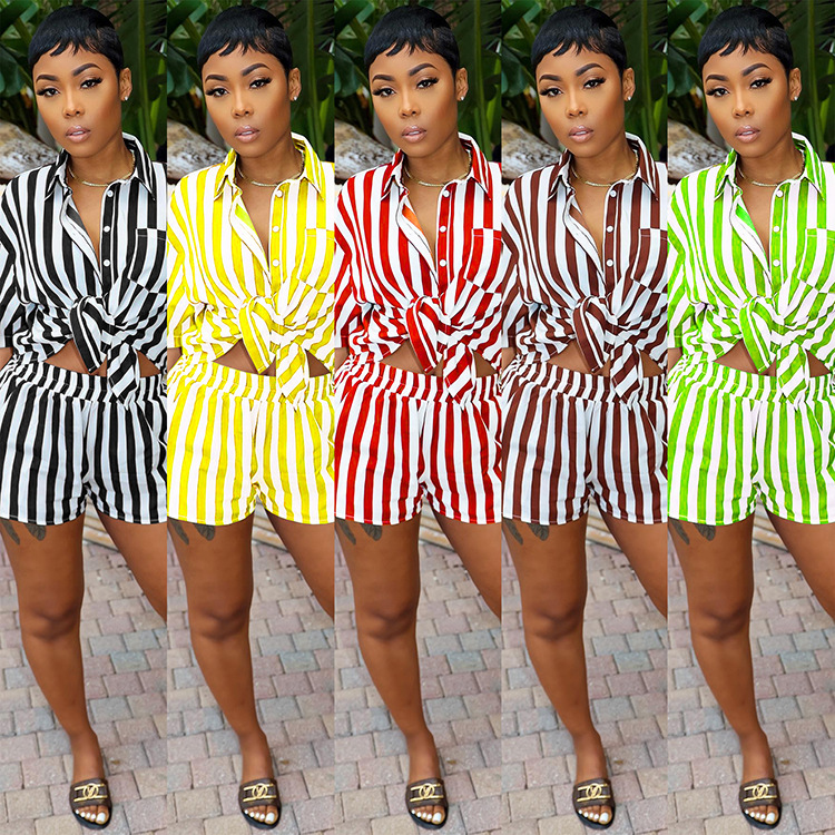 JH5963 European And American Women's Independent Station Summer Fashion Striped Print Loose Shirt Two-Piece Set_ecoleips.com