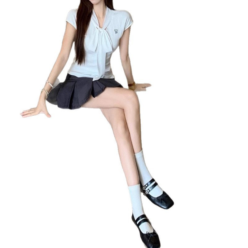 原版面料白色蝴蝶结绑带掐腰显瘦正肩短袖T恤女装夏季甜美风上衣|undefined