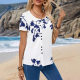 2025 European and American Cross-border Amazon AliExpress Floral Printed Button Shirt Casual Round Neck Short Sleeve Women's Top
