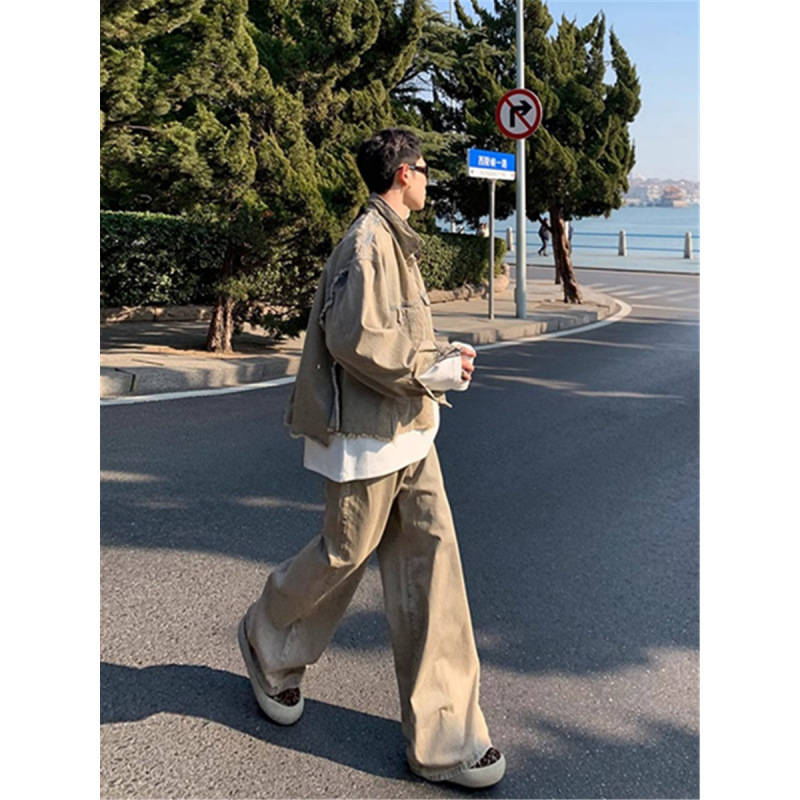 Vintage Antique Washed Denim suit Men's Spring and Autumn New High-end Sense Loose Jacket Coat Wide Leg Jeans Vintage Antique Washed Denim suit Men's Spring and Autumn New High-end Sense Loose Jacket Coat Wide Leg Jeans