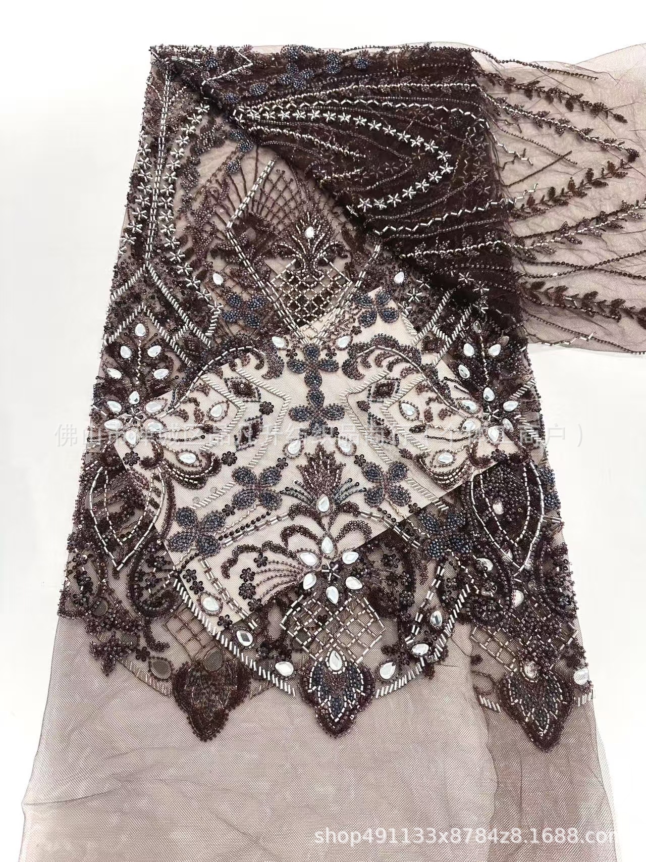 Posicionamiento de alta caliente hecho a mano DIY gran flor de diamante sequin tela de encaje vestido de banquete europeo y americano cheongsam tela al por mayor