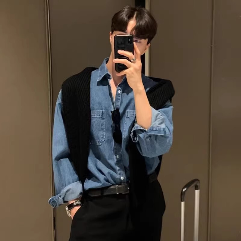Denim Shirt Coat Men's Spring and Autumn Duffy Handsome Korean Fashionable Casual Shirt Hong Kong-style High-end Long-sleeved Top