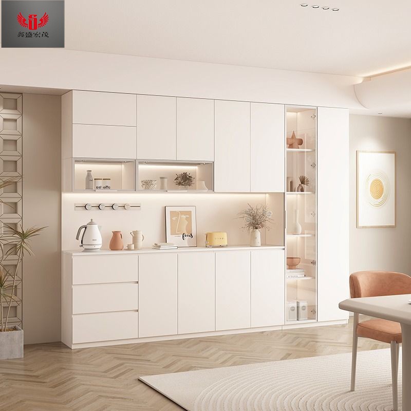 Gabinete de vino de madera sólida, gabinete de comedor, gabinete alto en uno, moderno y simple, armario de cocina contra la pared, armario multifuncional, viento de crema