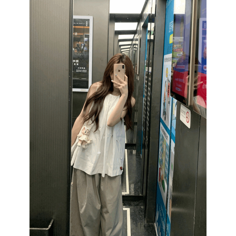慵懒风套装白色宽松无袖气质衬衫女装夏季高腰阔腿裤休闲裤两件套|undefined