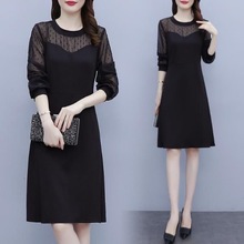 春秋季新款收腰连衣裙胖mm大码女装200斤遮肚显瘦长袖蕾丝小黑裙