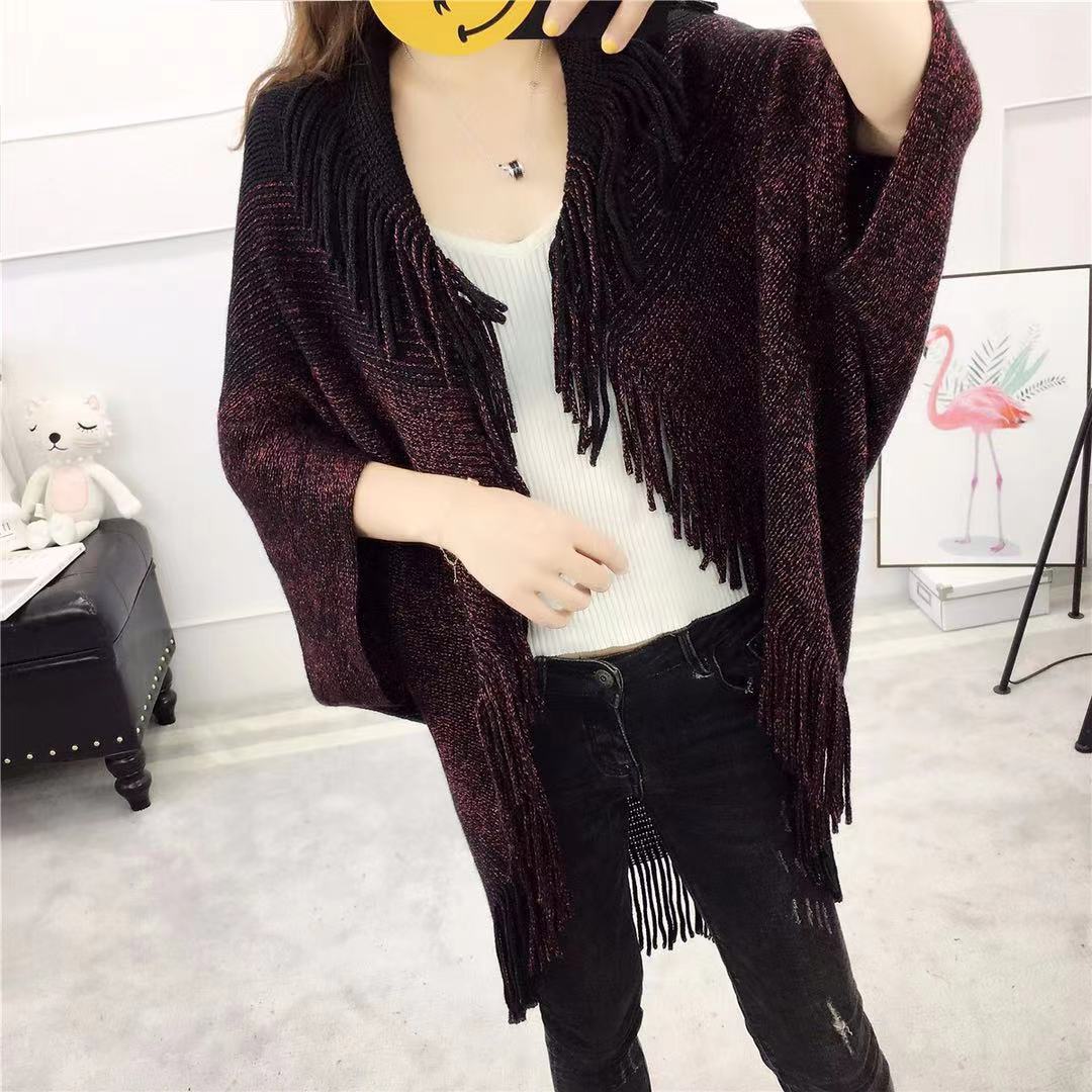 Plus-size fringe knitted shawl cape loose sweater coat plus-size cardigan woman_voghion.com