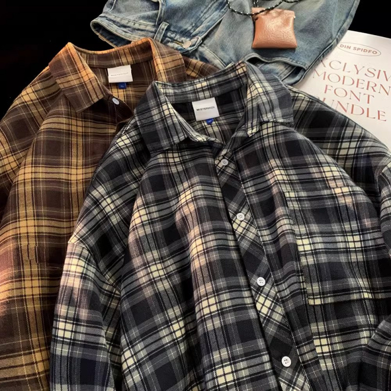 Hong Kong Style Plaid Shirt Men's Short-Sleeved Spring and Autumn Handsome High-End Long-Sleeved Shirt Trendy Brand Japanese Summer Jacket