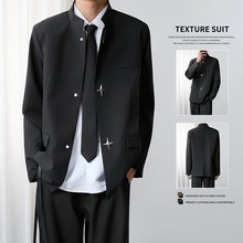新中式黑色廓形西服夹克男春秋季国潮高级感痞帅小众宽松西装外套