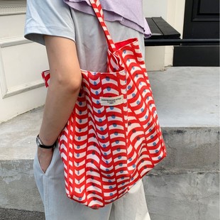2025 Relaxed Korean Style Lazy Style Double-Sided Large-Capacity Printed Nylon Bag Plaid Shoulder Tote Bag