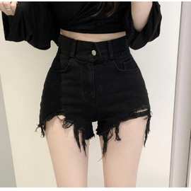 高腰牛仔短裤女韩版夏季新款毛边破洞收腰显瘦大长腿性感直筒热裤